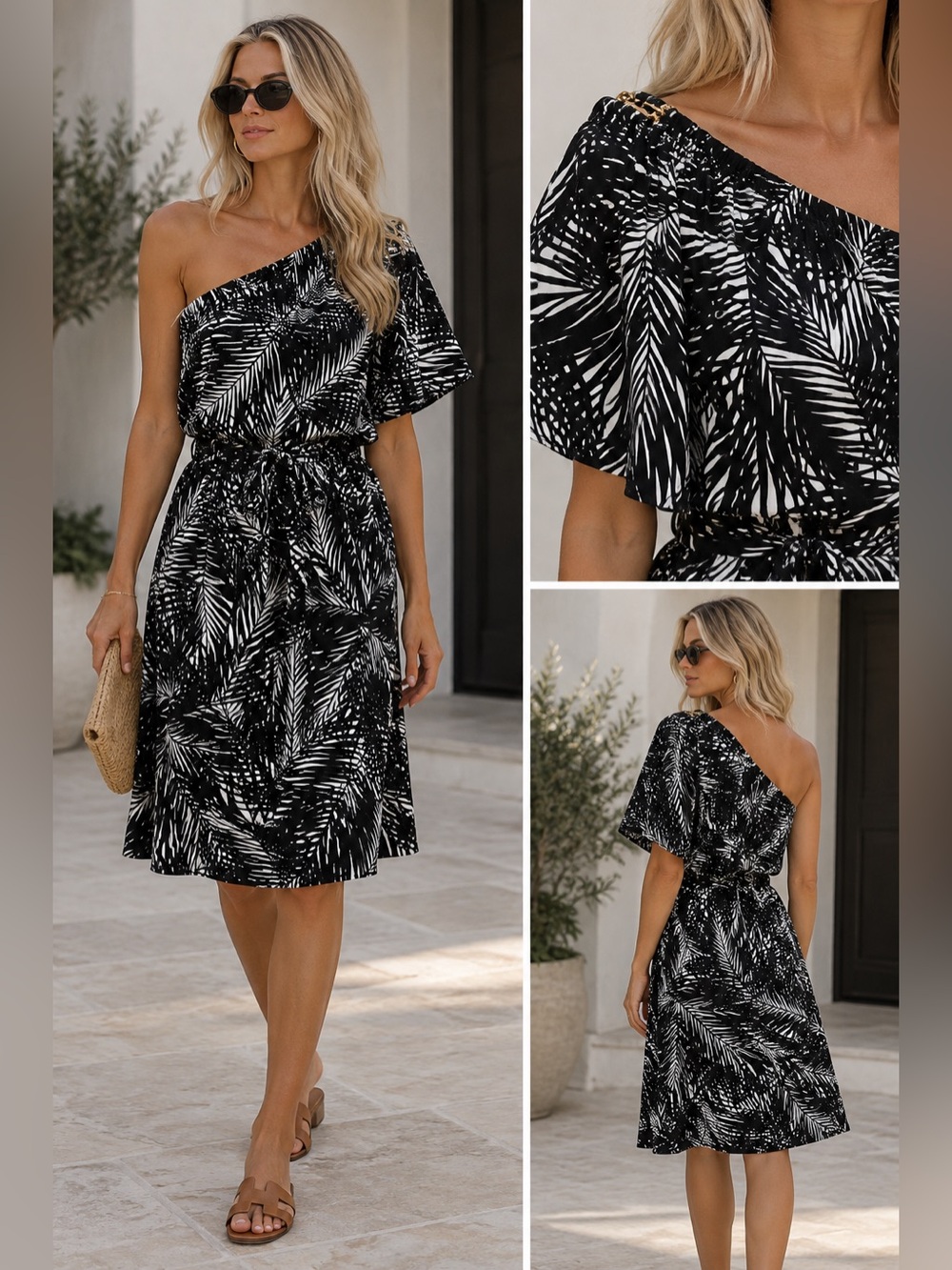 XS MK Black and White One-Shoulder Palm-Print Dress X SMALL